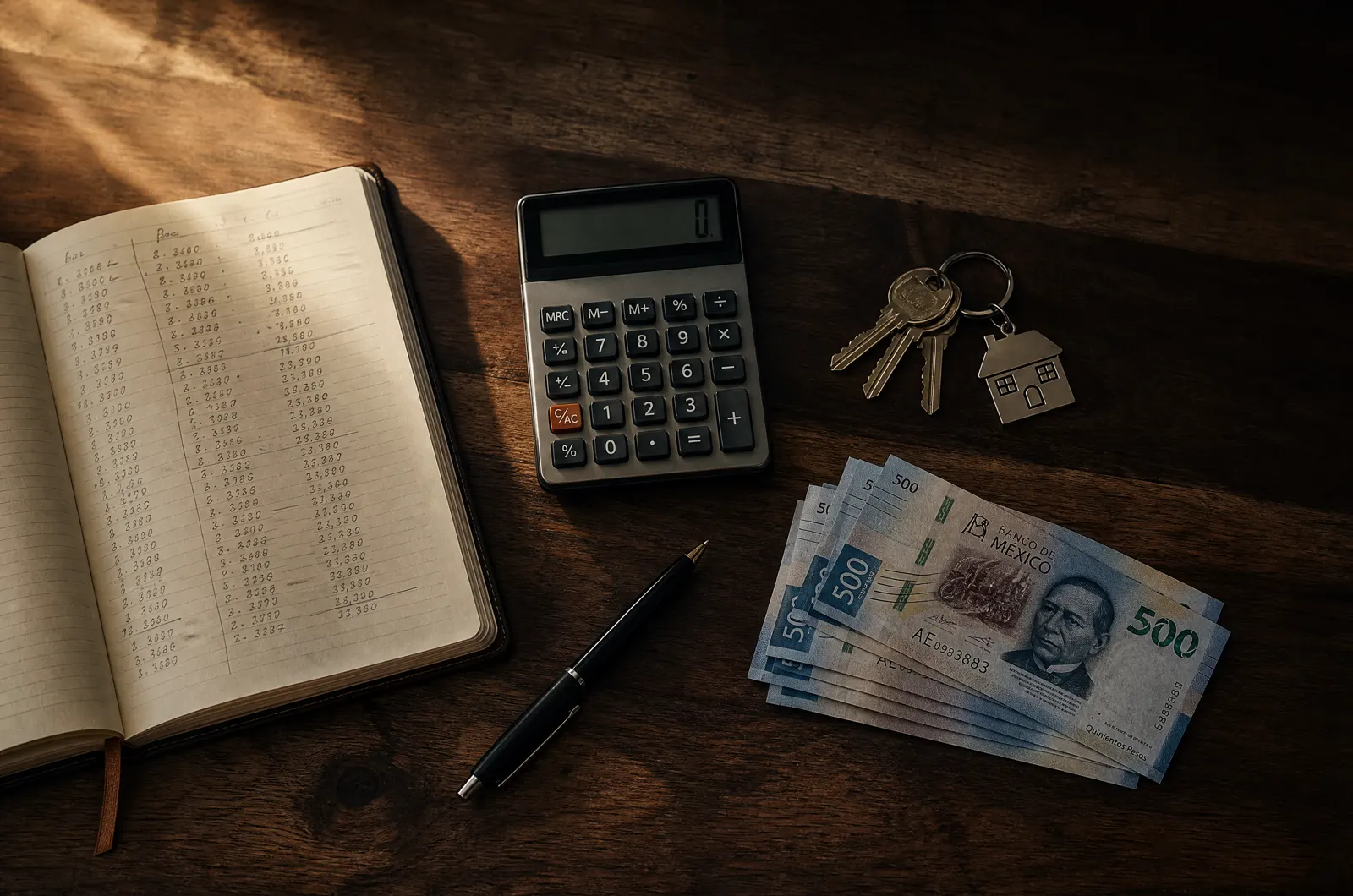 Libreta con cálculos, calculadora, llaves de casa y billetes de 500 pesos sobre una mesa