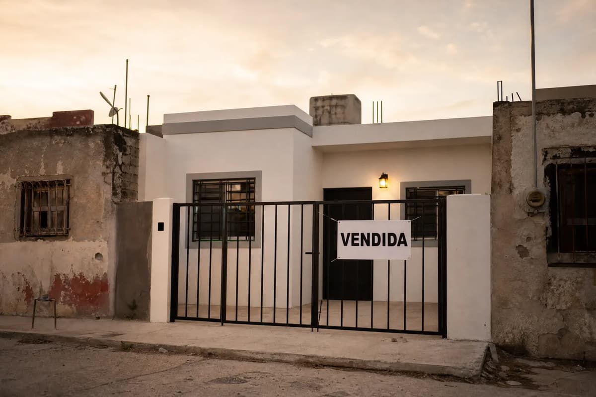 Casa de interés social recién remodelada con letrero de vendida en la reja