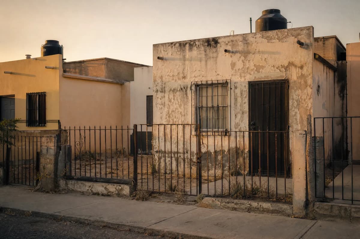 Casa de interés social descuidada lista para un flip, en una calle de fraccionamiento al atardecer