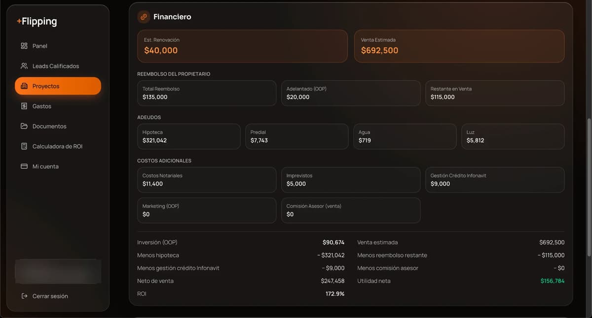 Vista financiera de un proyecto en +Flipping