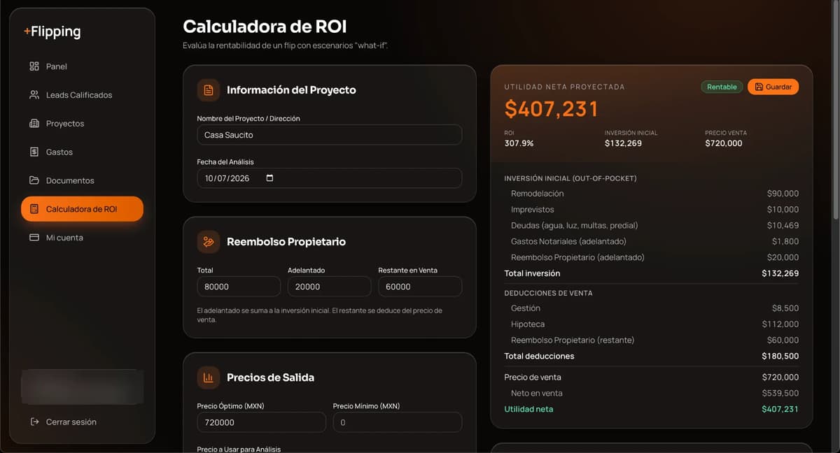 Calculadora de ROI de +Flipping con inversión inicial, deducciones de venta y utilidad neta