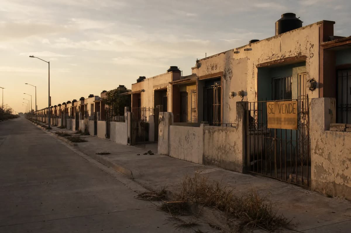 Calle de fraccionamiento con casas de interés social y una casa descuidada con letrero de se vende