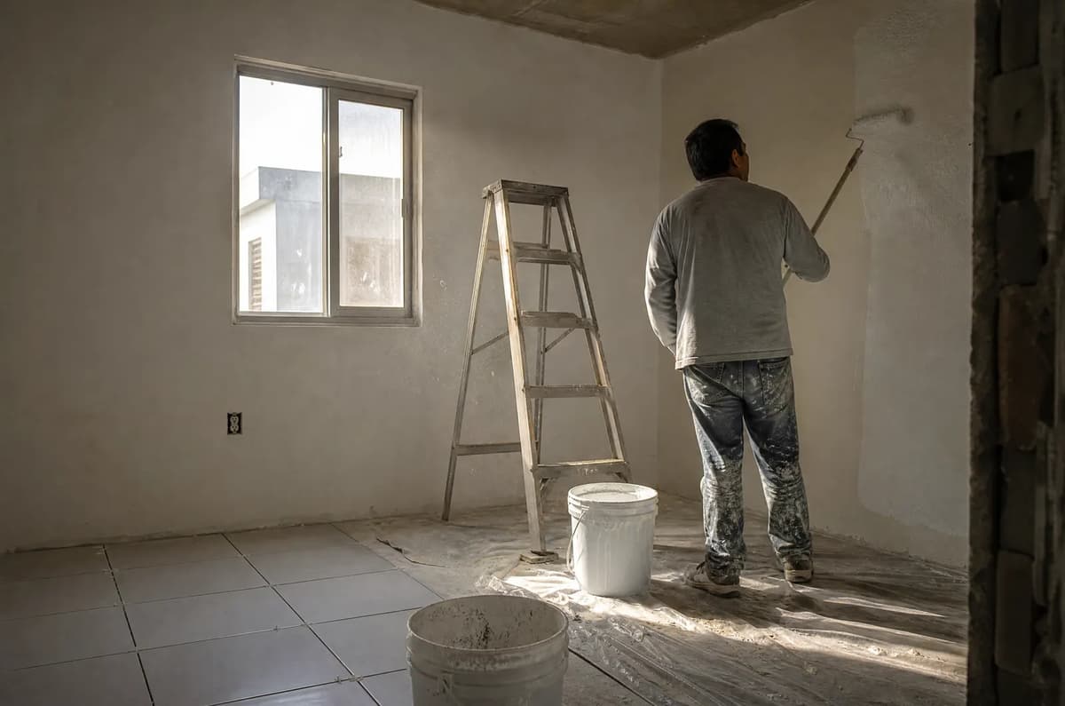 Pintor renovando una casa de interés social durante un flip