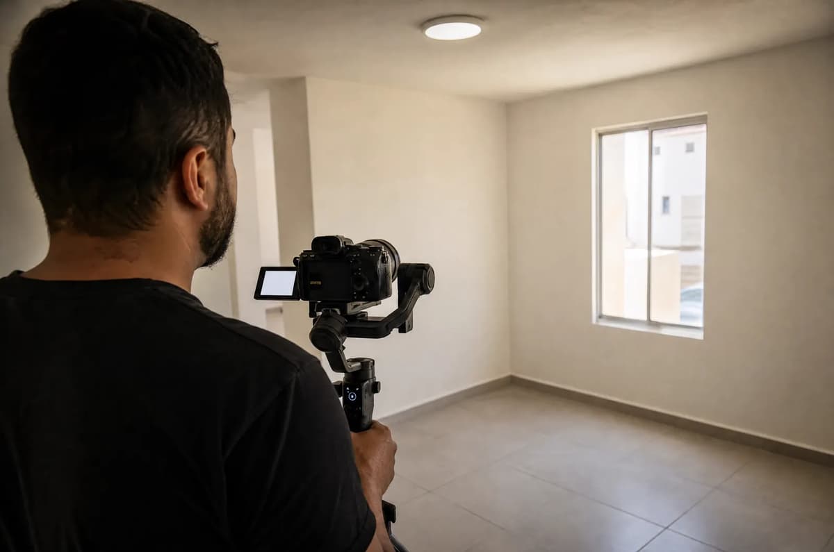 Videógrafo grabando con gimbal el interior de una casa de interés social remodelada