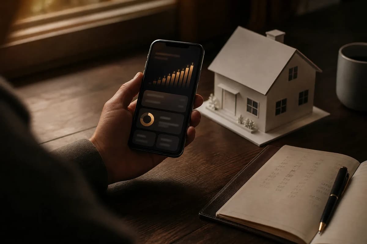 Mano con un celular que muestra una gráfica junto a una maqueta de casa y una libreta